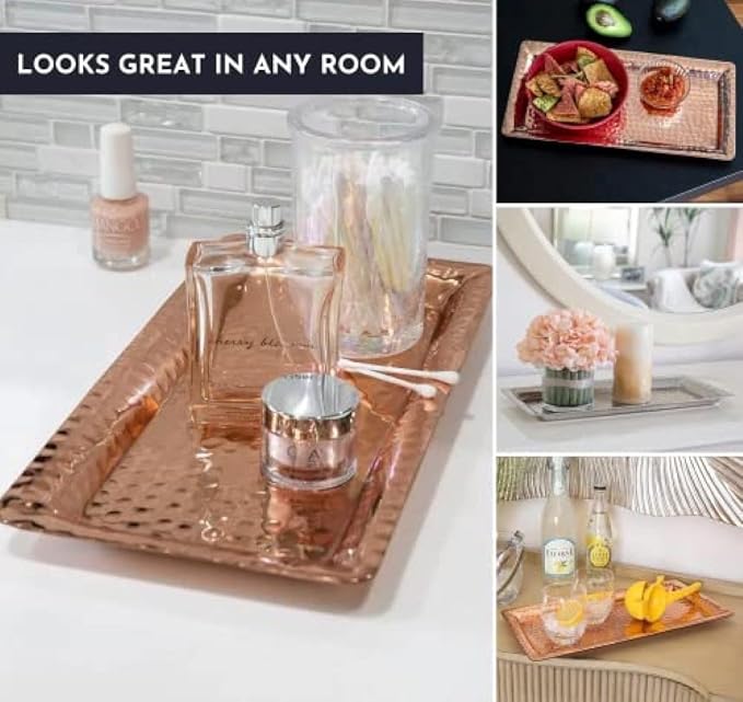 Monarch Abode Decorative Tray – 16-Inch Hand Hammered Copper Plated Metal Bathroom Tray Countertop, Vanity Trays Organizer, Perfume Plate for Dresser, Kitchen Countertop Large Fruit Platter
