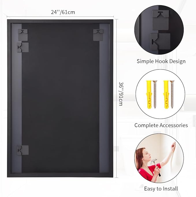 Koonmi Black Mirrors for Wall, 24x36 Inch Bathroom Mirror, Rectangular Wall Mirror for Living Room Bedroom Bathroom, Hangs Horizontally or Vertically