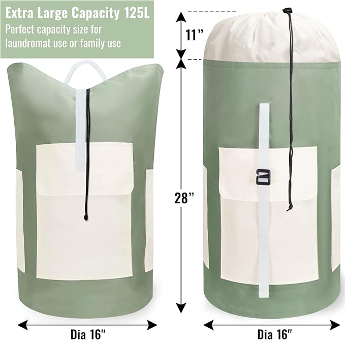 Laundry Bag Backpack, 125L Extra Large Laundry Backpack with Shoulder Straps, Adjustable Extendable Laundry Hamper Bag with 3 Pockets for College, Travel, Camping (Green)