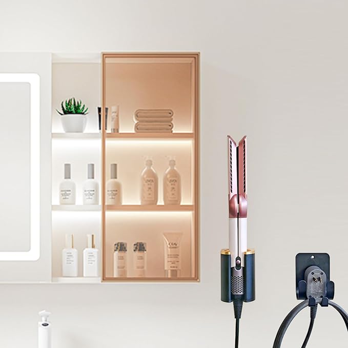 Dyson Airwrap Holder, Aluminum Curling Iron Holder Wall Mount for Dyson Airwrap/Airstraight/Shark Flex Style, Flat Iron Holder for Bathroom Storage, Black & Gold Chochoyah