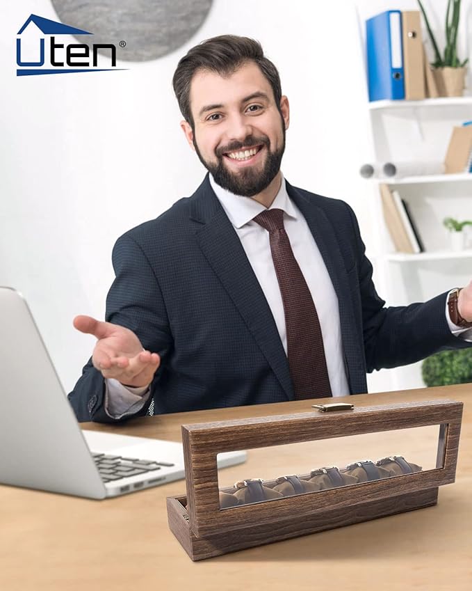 Uten Watch Box 6 Slots, Watch Case Organizer with Real Glass Lid, Wood Grain PU Leather Watch Display Storage Box with Removable Imitation Suede Watch Pillows, Metal Clasp