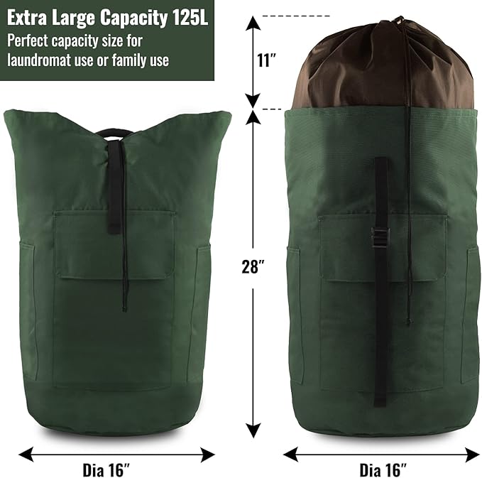 Laundry Bag Backpack, 125L Extra Large Laundry Backpack with Shoulder Straps, Adjustable Extendable Laundry Hamper Bag with 3 Pockets for College, Travel, Camping (Army Green)