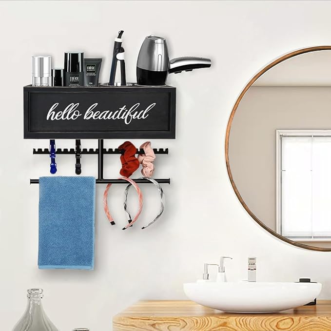 Rustic Hair Dryer Holder Wall Mounted,Hair Styling Tools & Accessories Organizer,Bathroom Supplies & hot Tools vanities Organizer Caddy,for Storage Flat Iron,Blow Dryer,Curling Iron,Towel