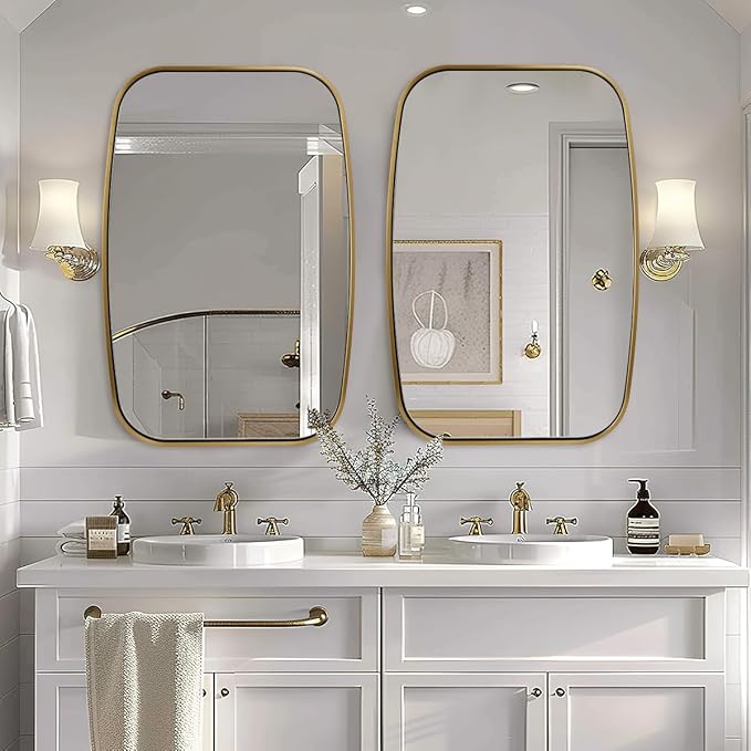 ANDY STAR Brushed Gold Oval Bathroom Mirror, 24x36 Inch Brass Oblong Mirrors for Wall, Modern Vanity Mirror in Stainless Steel Metal Tube Frame, Wall Mount Horizontal or Vertical