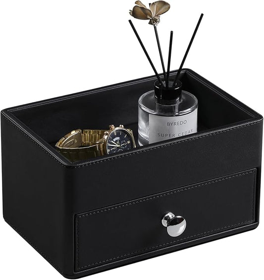 PU Leather Makeup Organizer with Drawer, Waterproof Cosmetic Storage Box, Multifunctional Nightstand Vanity Organizer for Skincare, Perfume, Jewelry, Bathroom Countertop (Black)
