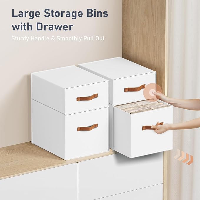 DIMJ Closet Organizers and Storage - Fabric Storage Bins with Drawers Stackable Closet Bins with Labels for Clothes, Sweaters, Bedding, Collapsible Storage Cubes for Bedroom, Living Room, Shelf