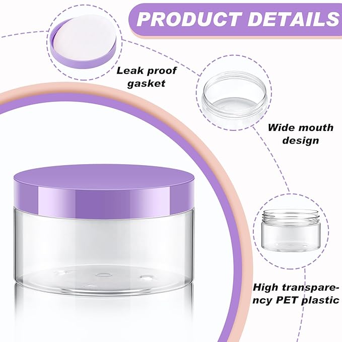 Dandat 24 Pcs 8 oz Plastic Jar Container with Lid and Label Refillable Empty Round Clear with Purple Pet Cosmetic Sample Slime Containers for Lotion, Cream, Ointments Body Butter Makeup Travel Storage