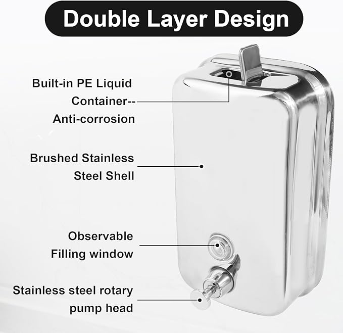 Heavy Duty Soap Dispenser Wall Mount Stainless Steel Soap Dispenser Manual Liquid Pump Rust-Proof Leak Free Pump for Commercial & Home Kitchen Bathroom (34 fl.oz./1000ml)