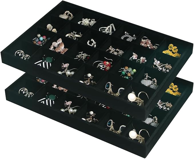 2pcs/Set Velvet Jewelry Tray, 24 Grids Large Storage Tray for Bracelet Bangle Beads Display, Jewellery Organizer Box Tray for Home Drawer or Shop Store Selling Show (Black Velvet)