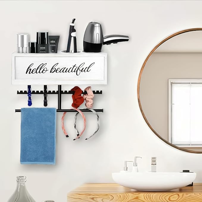 Rustic Hair Dryer Holder Wall Mounted,Hair Styling Tools & Accessories Organizer,Bathroom Supplies & hot Tools vanities Organizer Caddy,for Storage Flat Iron,Blow Dryer,Curling Iron (White)