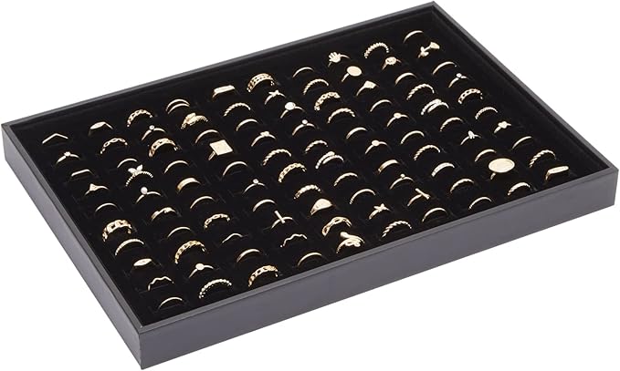 Juvale Ring Display Tray - Velvet Protection & Jewelry Display - Removable Pad & Earring Storage - Stackable Jewelry Trays & Glasses Holder for Nightstand - Pack of 2, 13.8 x 9.5 x 1.3 in, Black