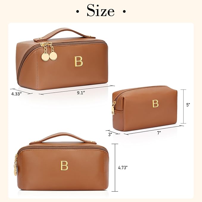 Valentine's Day Gifts for Women Teen Girl, Personalized Initial Makeup Organizer Bag Set, Open Flat Travel Cosmetic Bag With Clear Divider and Handle(Brown,B)