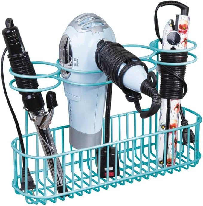 mDesign Metal Wire Cabinet/Wall Mount Hair Care & Styling Tool Organizer - Bathroom Storage Basket for Hair Dryer, Flat Iron, Curling Wand, Hair Straightener, Brushes - Holds Hot Tools - Teal/Blue