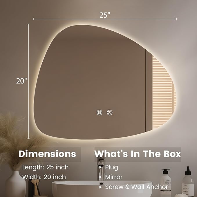 WallBeyond LED Bathroom Mirror with Lights, 20 x 25 Inch Led Bathroom Vanity Mirror for Wall, Anti Fog Mirror for Bathroom, 3 Colors and Dimmable Light