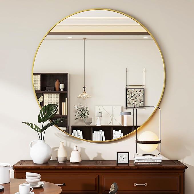 Gold Round Mirror, 48 Inch Circle Bathroom Mirror with Metal Frame, Wall-Mounted for Entryway, Bathroom, Vanity, Living Room