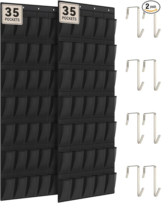 dodowin Over the Door Shoe Organizers, 2 Pack - 35 Deep Mesh Pockets Each, Over The Door Shoe Rack with 4 Metal Hooks Each, Space Saving Hanging Storage Holder for Closets, Shoes & Accessories, Black