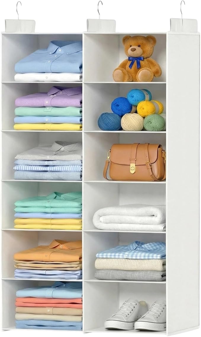 Space-Saving Hanging Closet Storage Organizer – Dual-Row Foldable Shelves with 3 Hooks, 6-Tier Wardrobe Organizer for Dorm, Bedroom, Closet (White)