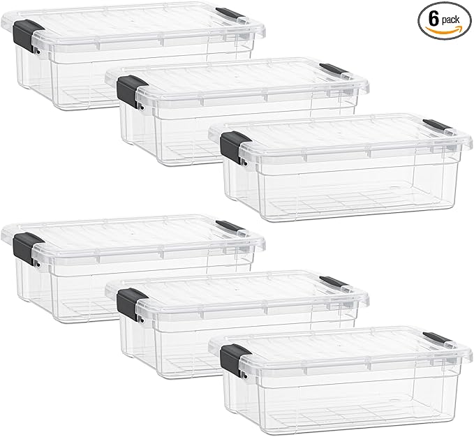 Superio Clear Storage Boxes with Lids, 1.27 Quart Plastic Container Bins for Organizing, Stackable Crates, BPA Free, Non Toxic, Odor Free, Organizers for Home, Office and Dorm, 6 Pack