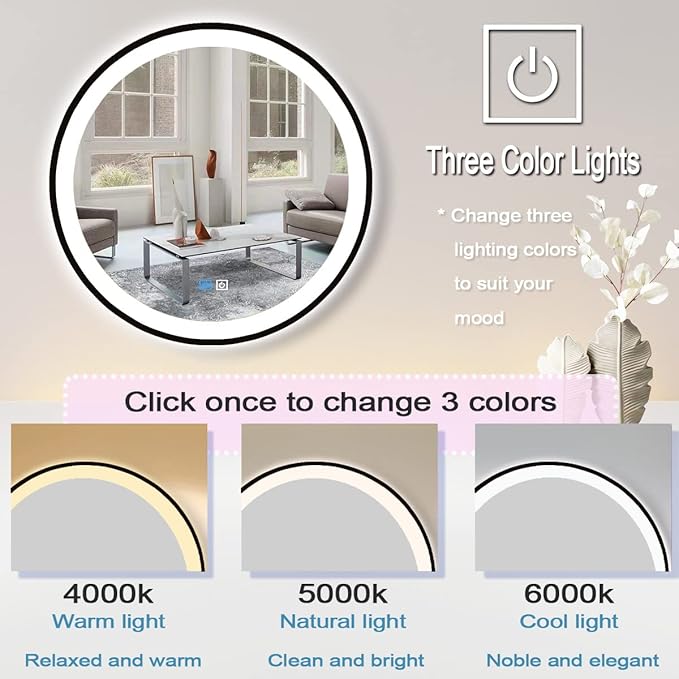 30 Inch Black Round Vanity Mirror with Lights - Black Frame LED Round Mirror for Bathroom - Anti Fog with 3 Color Changing Lights