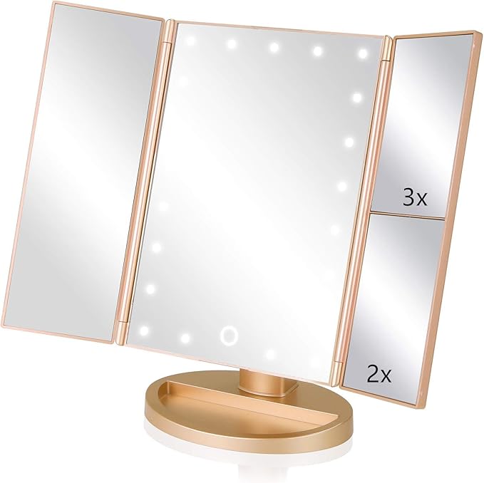 Trifold Makeup Mirror Vanity Mirror with Lights,1X 2X 3X Magnification,Touch Control,Adjustable Rotation,Dual Power Supply,Portable Travel Cosmetic Mirror,Birthday Gifts for Women,Teengirls