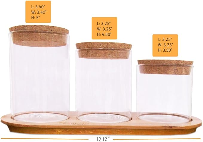 Glass Jar Set on Bamboo Tray, Natural Cork Lids, Bath Item Qtip Cotton Ball Canisters, Seasonal Display Decor, Centerpiece
