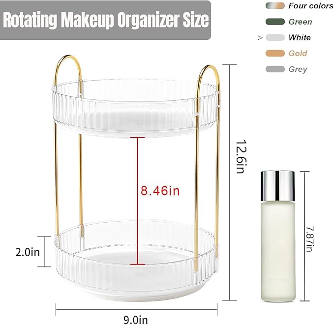 360 Rotating Makeup Organizer for Vanity, Bathroom Countertop Spinning Perfume Organizer, High-Capacity Cosmetic and Skincare Dresser Make Up Holder Rack (2 Tiers, White)