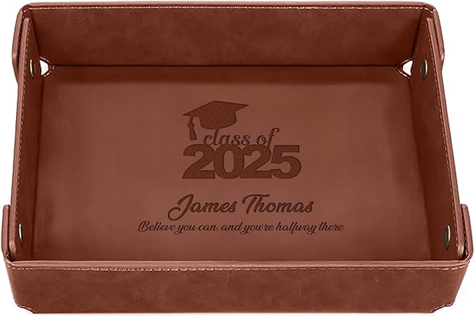 Personalized Light Coffee PU Leather Valet Tray – Custom Engraved Catchall for Desk, Dresser, or Nightstand – Compact Organizer for Keys, Wallet, Jewelry – Unique Gift for Him or Her