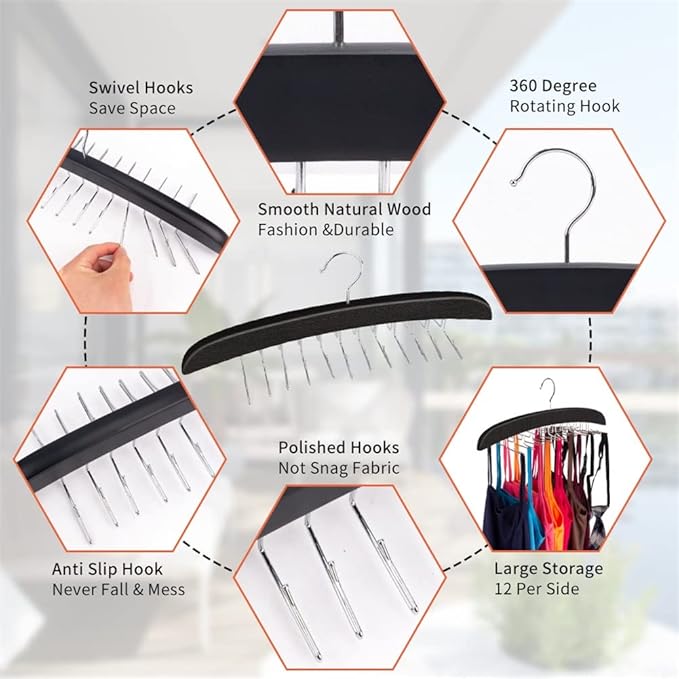 3 Pack Tank Top & Bra Hanger, Tie & Belt Hanger with Natural Wood, 24 Space Saving, 360 Rotating, Foldable Metal Hooks, Closet Organizer and Storage Rack for Tank Tops/Bras/Ties/Belt (Black)