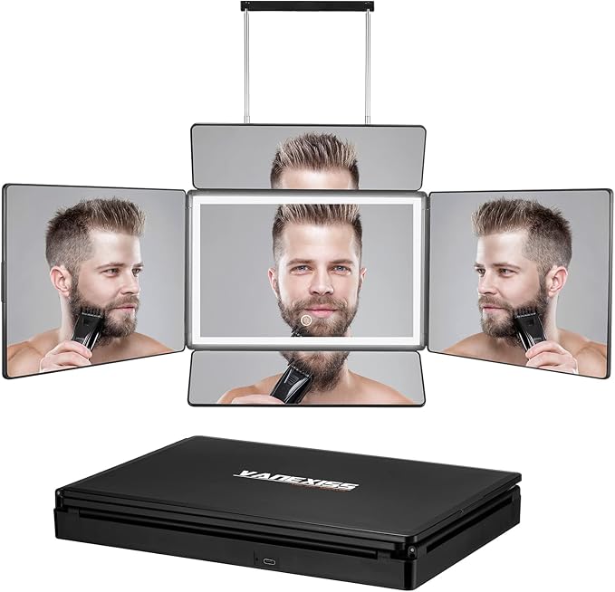 Rechargeable 5 Way Mirror for Hair Cutting, Real Glass Adjustable Trifold Mirror with Light & Telescoping Hooks for Makeup & Styling - Portable DIY Tool to Cut, Trim or Shave Your Head & Neckline