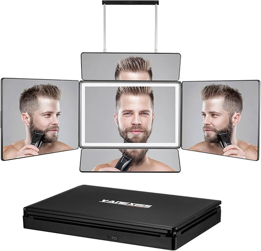 Rechargeable 5 Way Mirror for Hair Cutting, Real Glass Adjustable Trifold Mirror with Light & Telescoping Hooks for Makeup & Styling - Portable DIY Tool to Cut, Trim or Shave Your Head & Neckline