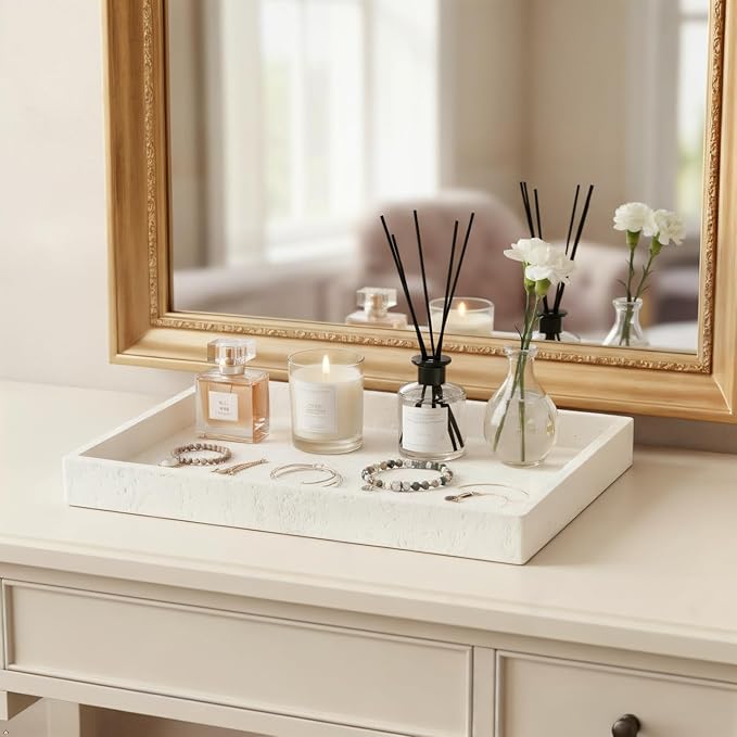 Artificial Travertine Tray, 12"x8" Perfume Tray for Bathroom Counter, Vanity, Home Organizer, Decorative Marble Trays for Perfume, Jewelry, Candles, Coffee, Rectangle, White