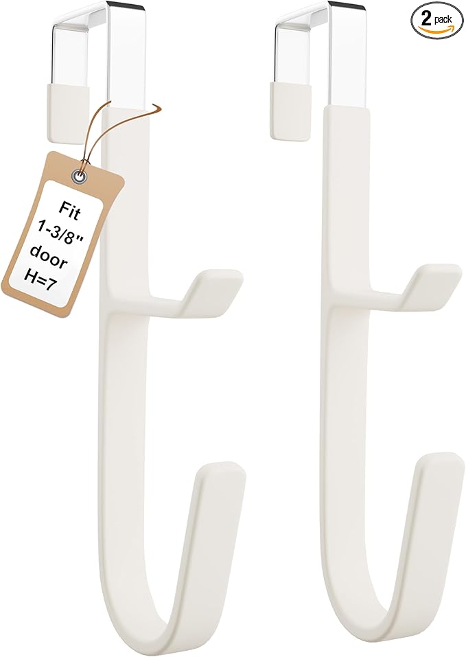 2 Pack Over The Door Hooks(L=7"), Over Door Hanger, Heavy Duty No Drill Hanger for Towels, Coats, Hats, Bags in Bathroom, Bedroom, Kitchen, Living Room-White