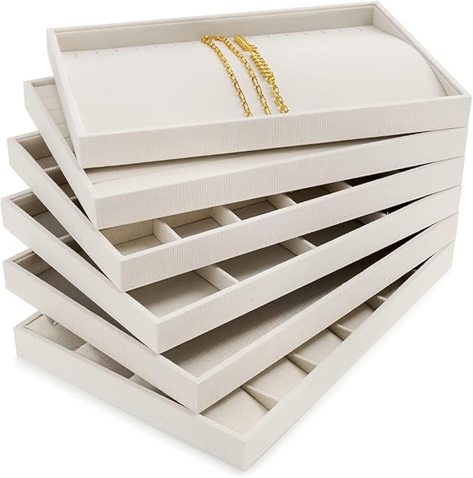 Linen Jewelry Tray Stackable Jewelry Drawer Organizer Trays Necklace Bracelet Holder Storage Display(Beige)