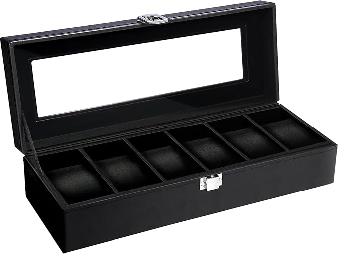 Uten Watch Box, 6 Slots Watch Case, Watch Organizer Jewelry Storage with Large Glass Lid, Black Lining, Watch Display Box for Men & Women Gift