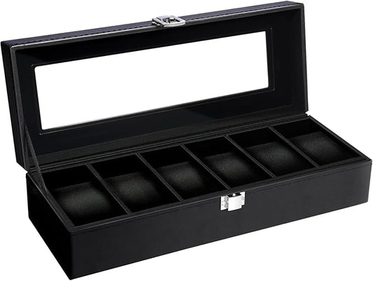 Uten Watch Box, 6 Slots Watch Case, Watch Organizer Jewelry Storage with Large Glass Lid, Black Lining, Watch Display Box for Men & Women Gift