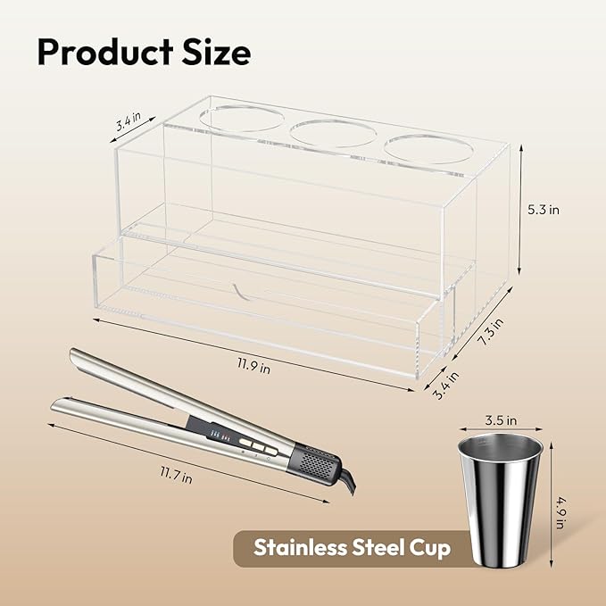 NIUBEE Hair Tool Organizer, Clear Acrylic Hair Dryer and Styling Organizer with Drawer, Bathroom Countertop Blow Dryer Holder, Vanity Caddy Storage Stand for Accessories, Makeup, Toiletries