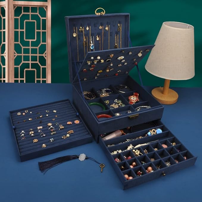 Jewelry Organizer 5 Layers Velvet Square Jewelry Box Women Necklace Ear studs Display Bangles Large Jewelry Storage Case Drawer GY306 (Navy)