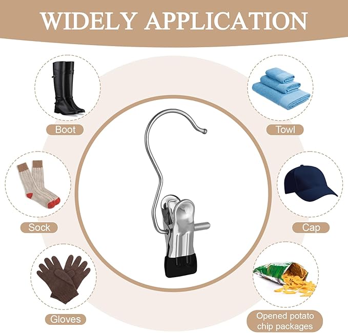 50PCS Space-Saving Clothespin, Portable 360° Rotating Stainless Steel Hanging Hook Clips Towel Clips,Laundry Hooks Hanging Clips with Clips for Home and Travel, Black