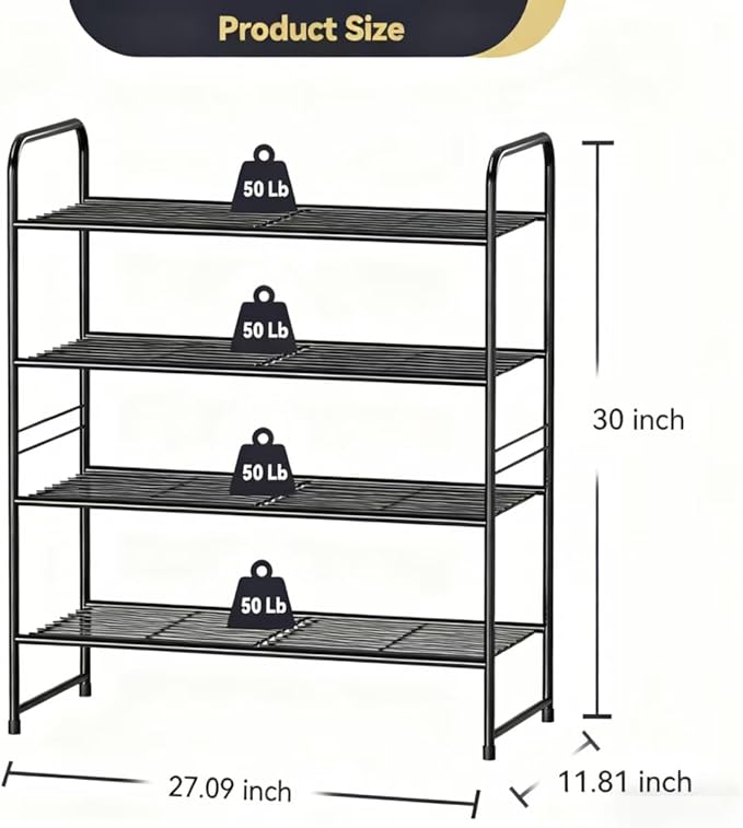 Shoe Rack Metal, Closet Shoe Organizer 4 Tier, Stackable & Adjustable, Black