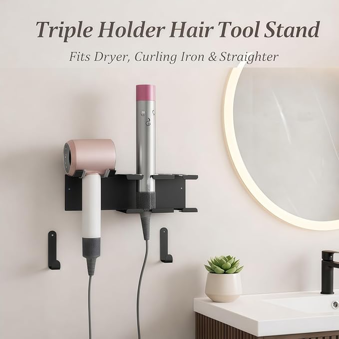 Hair Tool Organizer, Stainless Steel Hair Dryer and Straightener Holder, Curling Iron Holder Wall Mount 3-in-1 Storage for Bathroom, Hair Dryer Holder Black BANJEKT