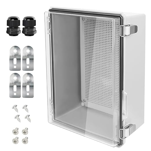 LeMotech Electrical Box, IP67 Waterproof Hinged Clear Cover Stainless Steel Latch Junction Box, ABS Plastic Electrical Enclosure with Mounting Plate,Wall Brackets, Cable Glands,13.8"x9.8"x5.9", Grey