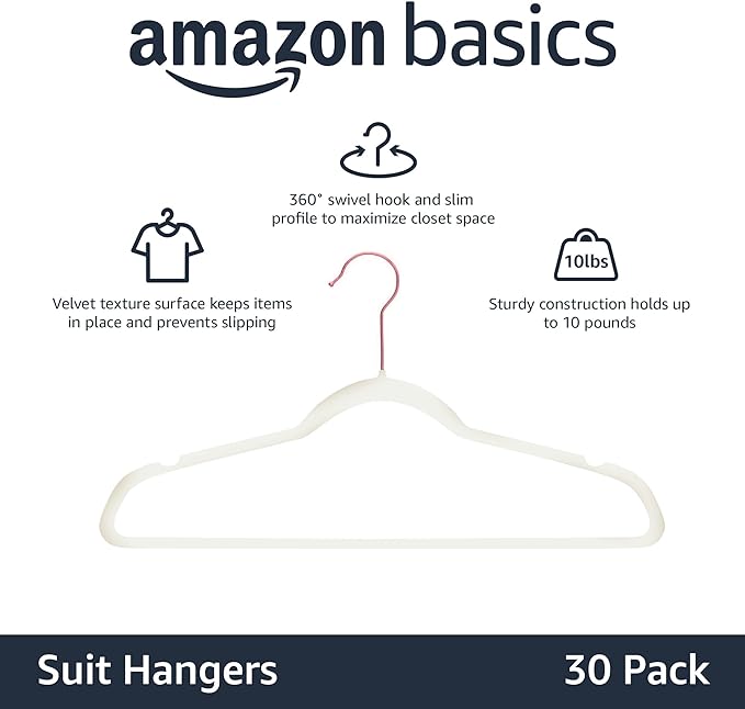 Amazon Basics Slim, Velvet, Non-Slip Suit Clothes Hangers, Ivory/Rose Gold - Pack of 30