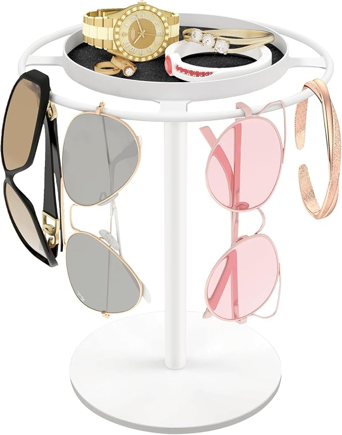 LSK Metal Sunglasses Organizer, Glasses Holder Stand with Storage Tray, Eyeglasses Holder with Anti-Slip Pads for Tabletop, Desk, Dresser, White