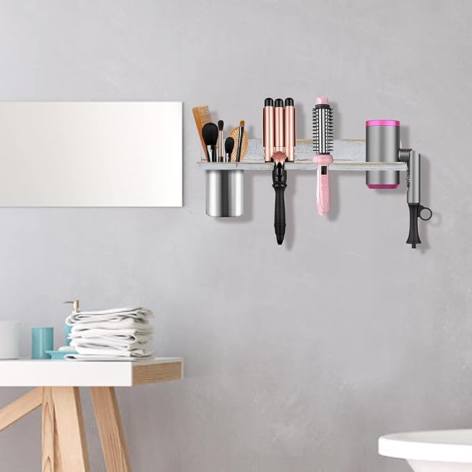 Hair Tool Organizer Wall Mounted, Sturdy Pine Wood Construction, Removable Stainless Steel Cup, Holds Hair Dryers, Straighteners, Curling Irons, Brushes, and More, White