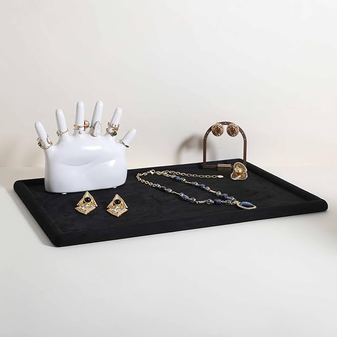 Rectangle Jewelry storage organizer plate, Velvet Jewerly display tray, Empty showcase tray for Necklace Bracelet Ring Earring【Black-Large, 17.7 x 11.8 in 】
