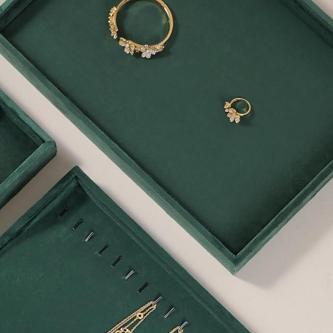 Velvet Stackable Jewelry Display Flat Tray For Ring Earring Necklace Bracelet, Bangle Pendant Storage Blank Plate, Shop Countertop Jewelry Dish Organizer (Green)