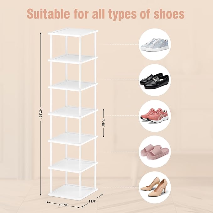 Bamboo Free Standing Shoe Rack Shelf Multi Tier Tall Wooden Stackable Shoes Rack Organizer for Closet Front Door Entrance Narrow Vertical Shoe Storage (White, 7 Tiers)