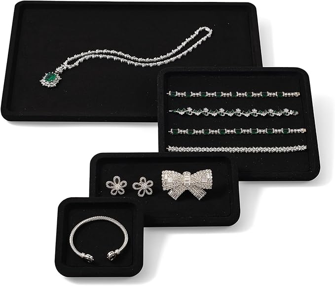Microfiber Jewelry Display Flat Tray for Rings Earrings Necklace Bracelet, Jewelry Photograph Display Catchall Organizer Tray Dish(L,Black)