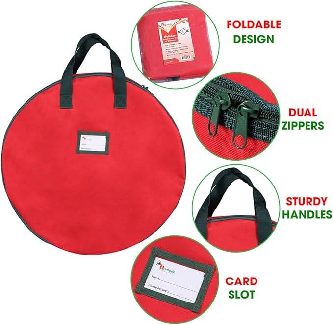 Primode Heavy Duty Christmas Wreath Storage Bag 48" - Handles Made Of Durable 600D Oxford Polyester Material Storage Bag Extra Large 48” Holiday Wreaths Container (Red)