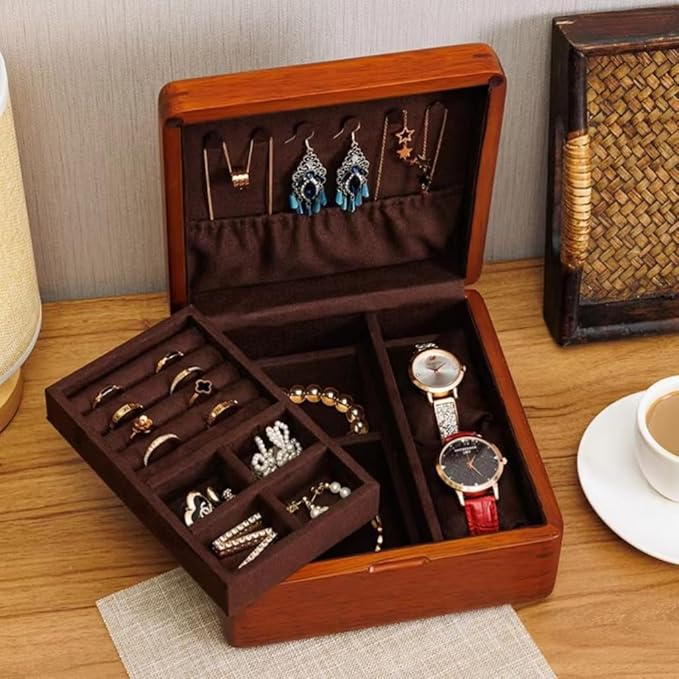 Bescott 2 Layer Solid Wooden Jewelry Box for Women Real Wood Vintage Jewelry Organizer Storage for Earrings Rings Necklaces Bracelet Watch Men